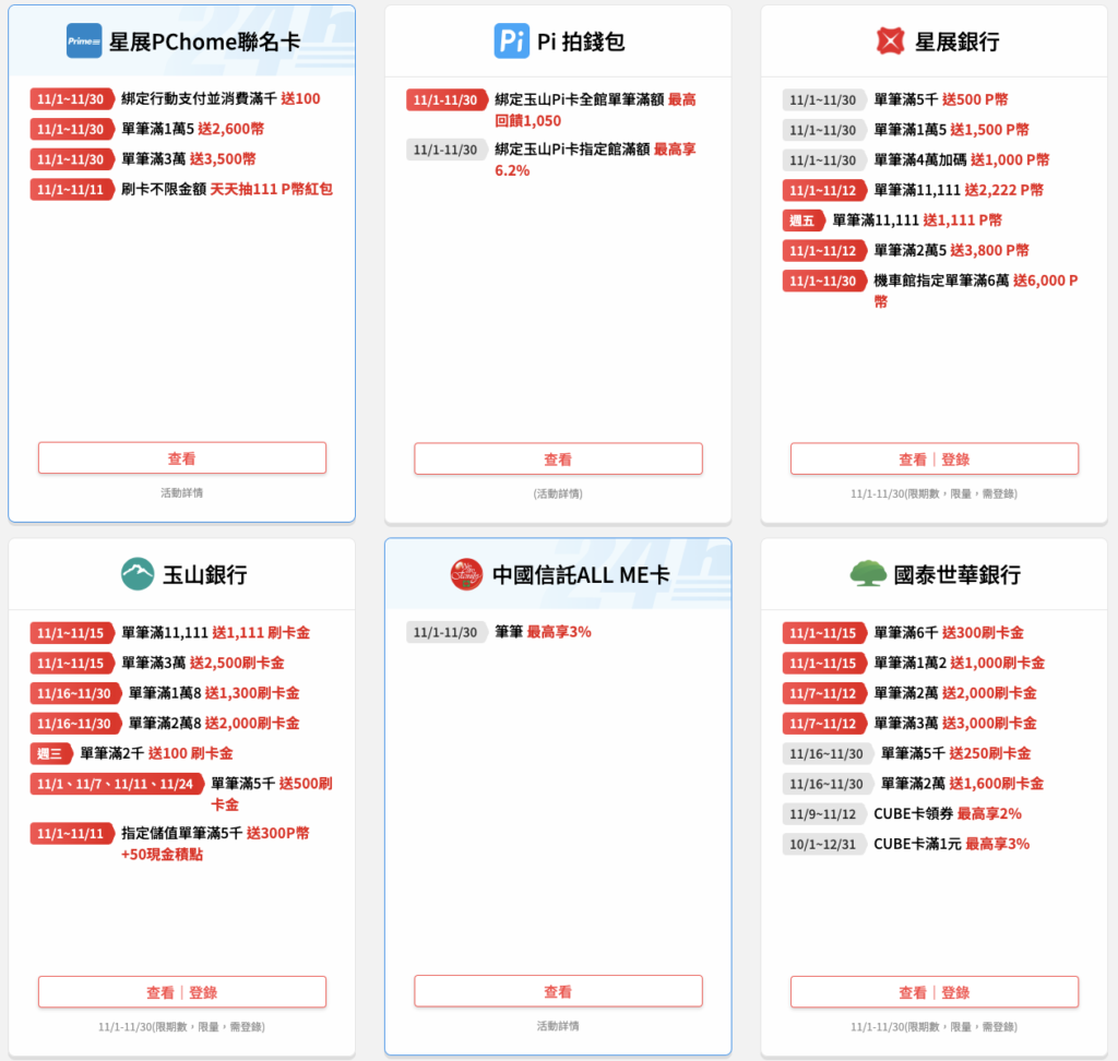 2024 PChome 雙11 銀行優惠